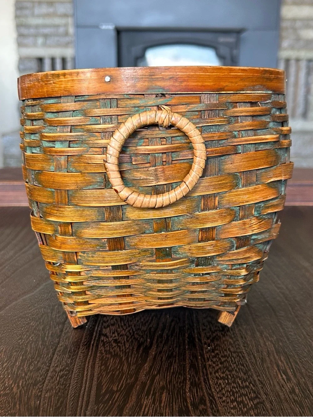 Vintage Handmade Split Wood Basket Planter Turquoise Patina Footed Boho Decor